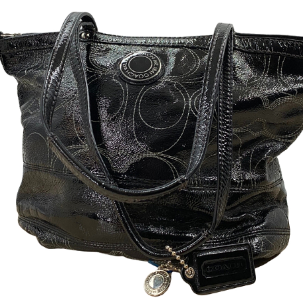 Authentic 80s COACH Black Leather Top Handle Zipper Signature Handbag w/Pockets